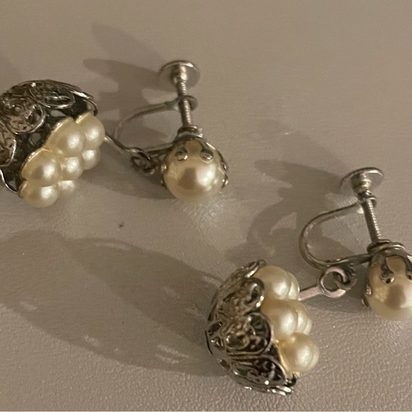 3 for $30 Vintage Silver Tone Filigree Basket Earrings with Faux Pearls - Picture 9 of 9